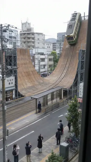 街なかの巨大なハーフパイプを走る広電の電車